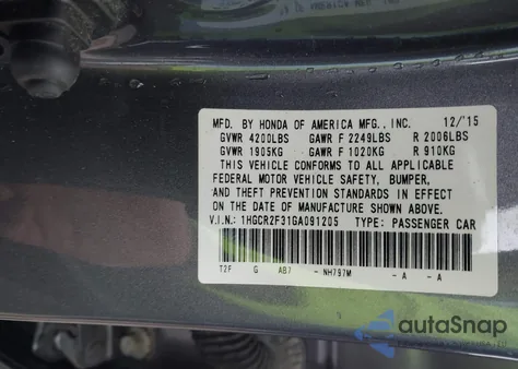 2016 Honda Accord Lx z USA, uszkodzony, nr VIN 1HGCR2F31GA091205